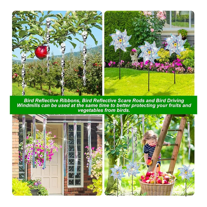 Kit dispositivi deterrenti LICE-Bird, set da 27 pezzi con 20 aste riflettenti per spaventare, 6 girandole con picchetti e un rotolo di nastro spavento Du