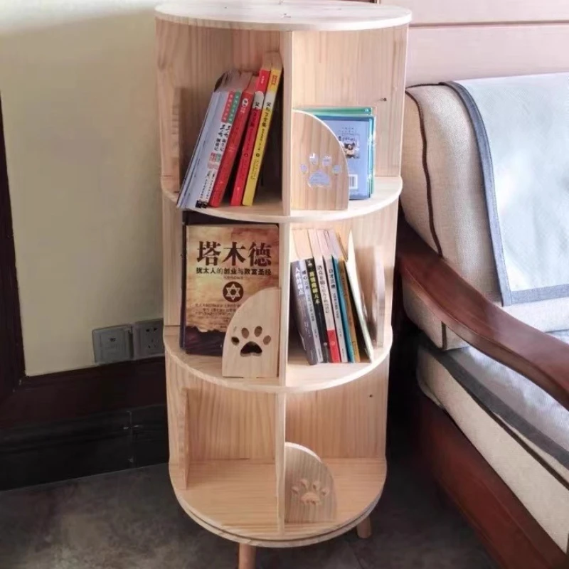 

Solid Wood Bookcase Kids Floor Bookshelf Storage Rak Living Room Corner Picture Book Organizer Space-Saving 360° Rotating