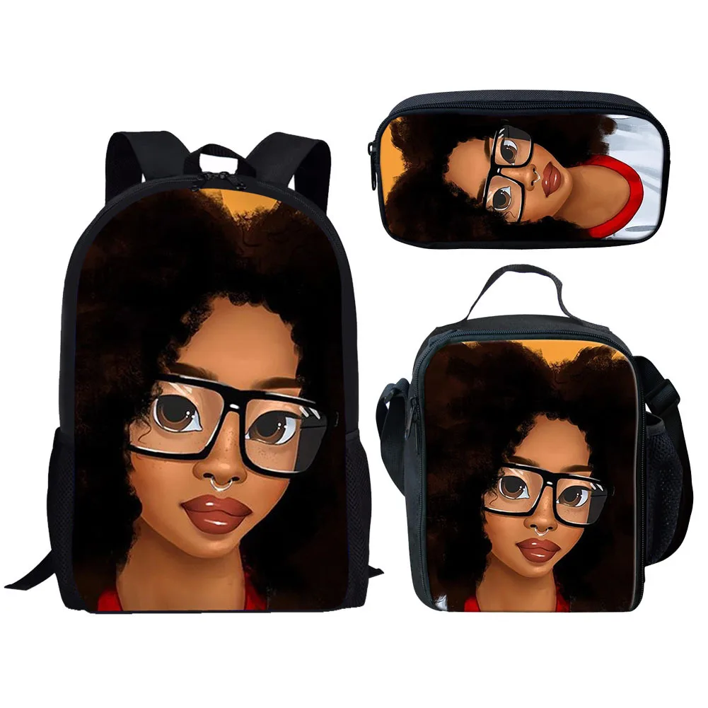 Trendy Popular New Cute African girl 3D Print 3pcs/Set Student School Bags Laptop Daypack Backpack Lunch bag Pencil Case