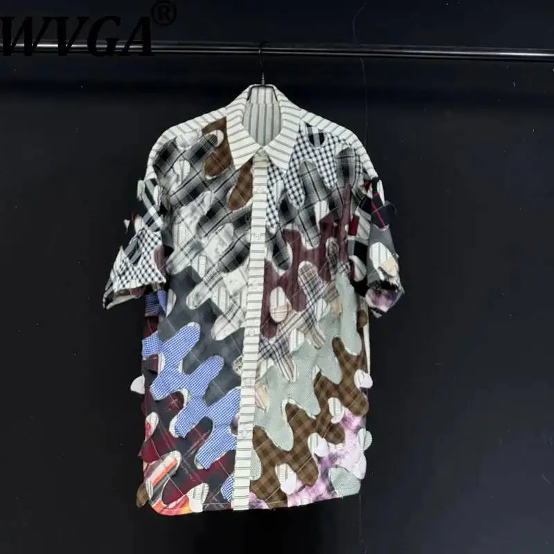 WVGA Spring Summer New Men's Patchwork Short Sleeved Patterned Printed Shirts Trendy Loose Fit Niche Chic Casual Tops Ins W24808