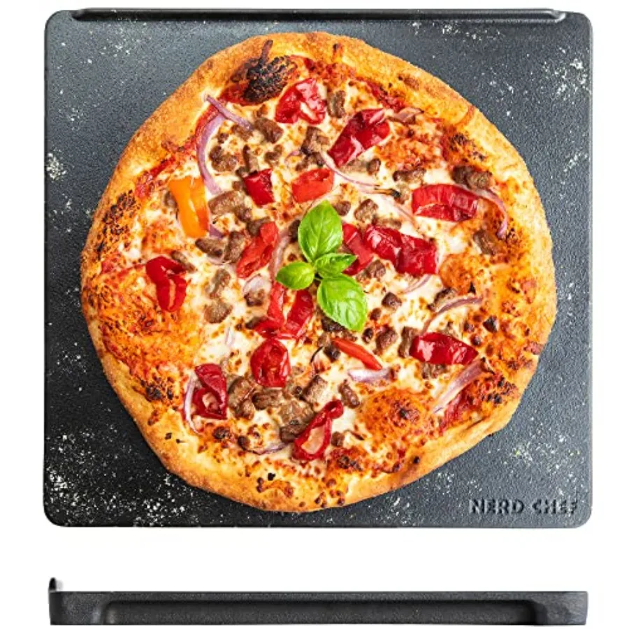 

Pizza baking stone for home ovens cordierite ceramic black heats evenly with integrated backstop handles and heating fins 13.5
