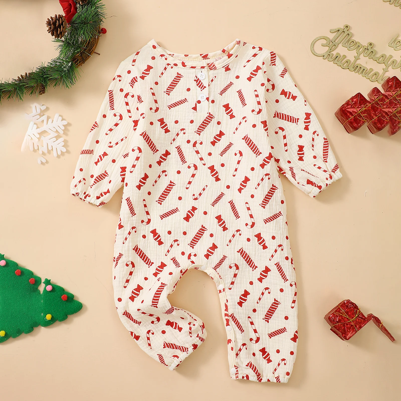 BeQeuewll Baby Girls Boys Clothes for Christmas Newborn Jumpsuit Soft Cotton Long Sleeve Candy Cane Print Romper Infant Outfits