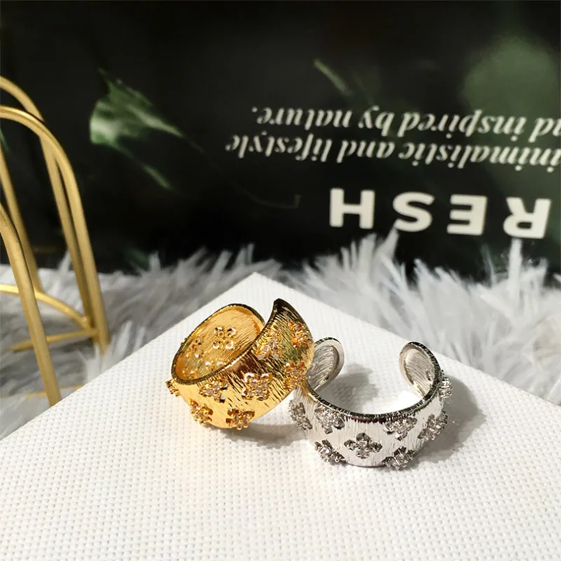 

Bobokiki Jewelry Fashion New Titanium Steel Micro-Inlaid AAA Zircon Pin Four-Leaf Flower Opening Ring Luxury Accessories