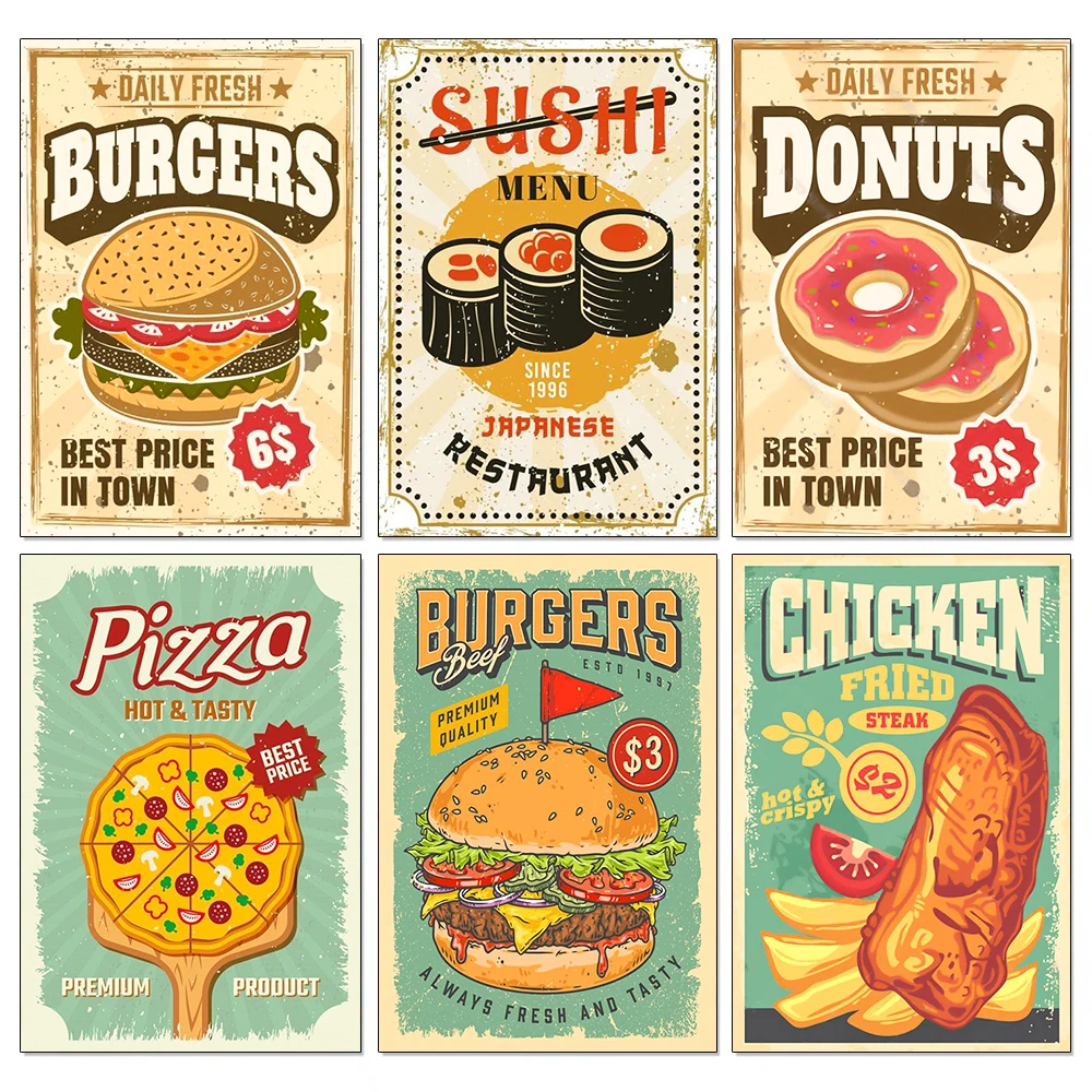 5D Diamant Malerei Vintage Essen Poster voller Diamant Mosaik Stickerei Hamburger Sushi DIY Strass Küche Dekor Geschenk