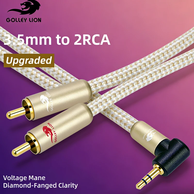 GOLLEY LION Upgraded 3.5mm to 2RCA Cable (90°) – Transmits High-Fidelity Stereo, Durable Braid  Angle Design, for Record Player