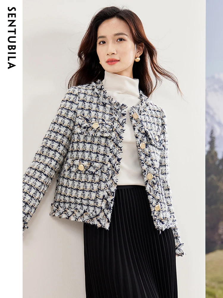 

SENTUBILA Plaid Cropped Tweed Jackets 2024 Autumn O-neck Straight Coats Single Breasted Long Sleeve Warm Woman Clothes 134W49754