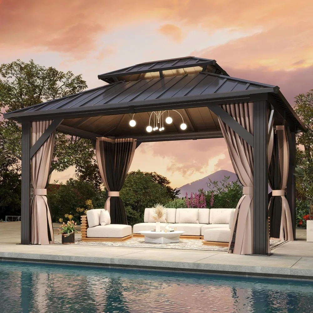 

10'x12' Hardtop Gazebo, Outdoor Double Roof Galvanized Steel Gazebo, Aluminum Frame Permanent Pavilion with Curtains & Netting