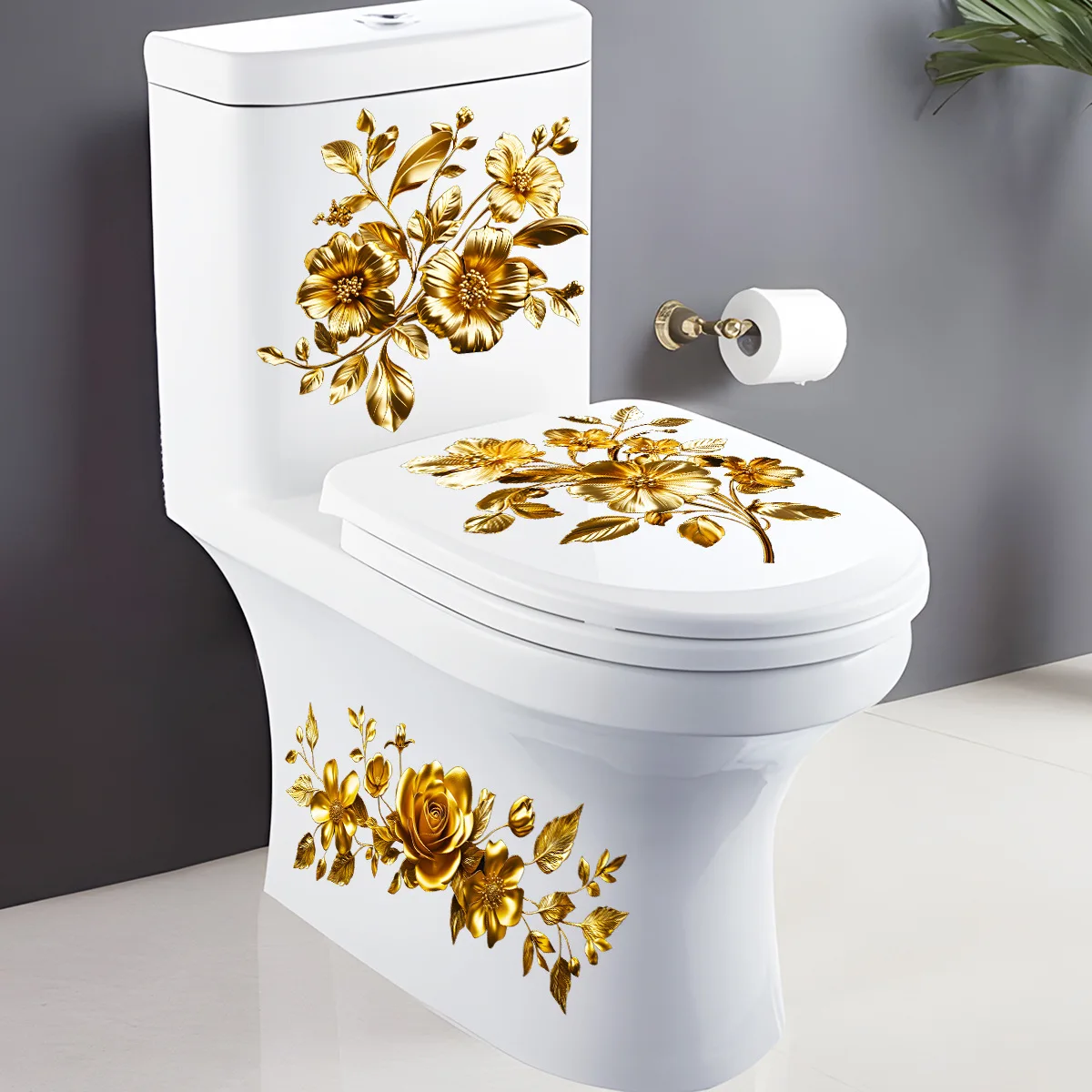 Beautiful Golden Flower Toilet Sticker Bathroom Toilet Cover Decorative Sticker Waterproof Self Adhesive