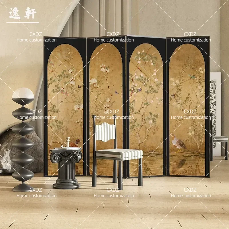 American Floral Bird Pastoral Screen Solid Wood Folding Room Divider for Living Room Sofa Bedroom Entrance Home Partition