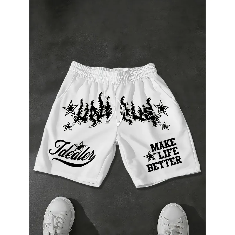 Men's hot selling letter pattern printed drawstring waist shorts, summer casual outdoor sports shorts