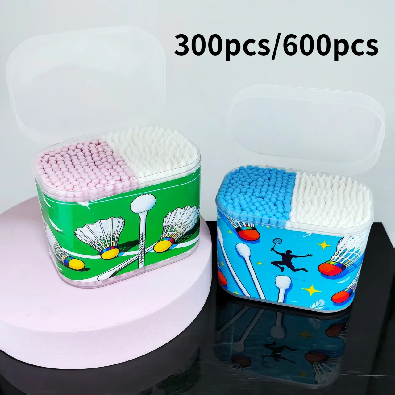 300개/600개 스포츠 시리즈 박스형 면봉 배드민턴 스포츠 패턴, 성인용 양면 선물용 면봉