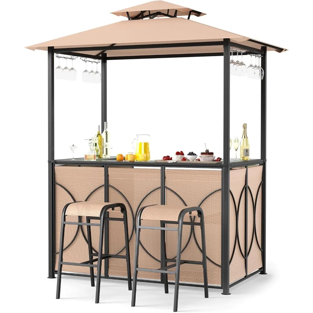 

Bar Furniture, Double-Tier Soft Top Canopy BBQ Gazebo Shelter Patio Garden, Bar Set, Grill Gazebo Stool Temper Glass Bar Table