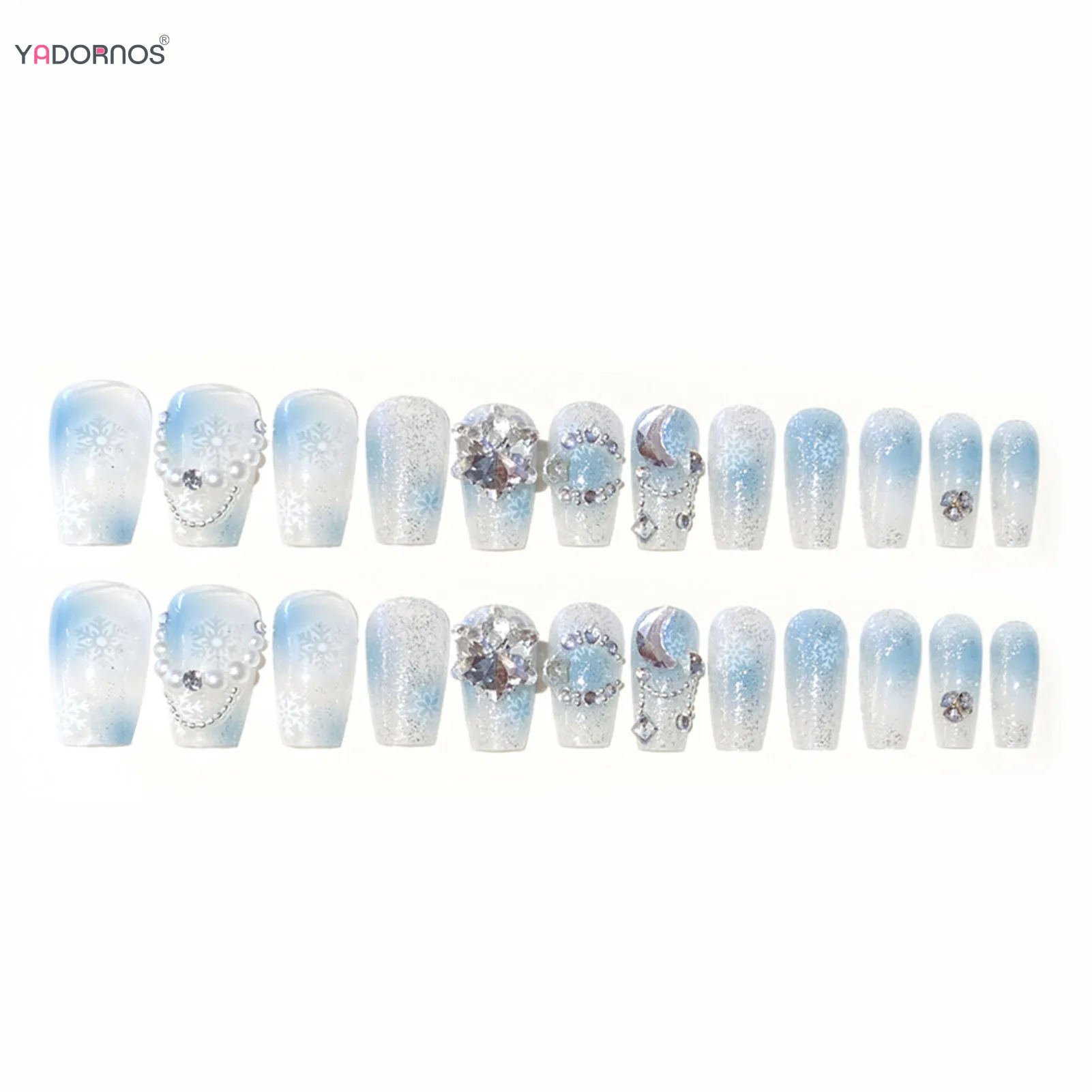เล็บปลอมสีฟ้าอ่อนกดบนเล็บด้วยเกล็ดหิมะหินไรน์สโตนกันรอยเปื้อนสำหรับการเพ้นท์เล็บมืออาชีพ