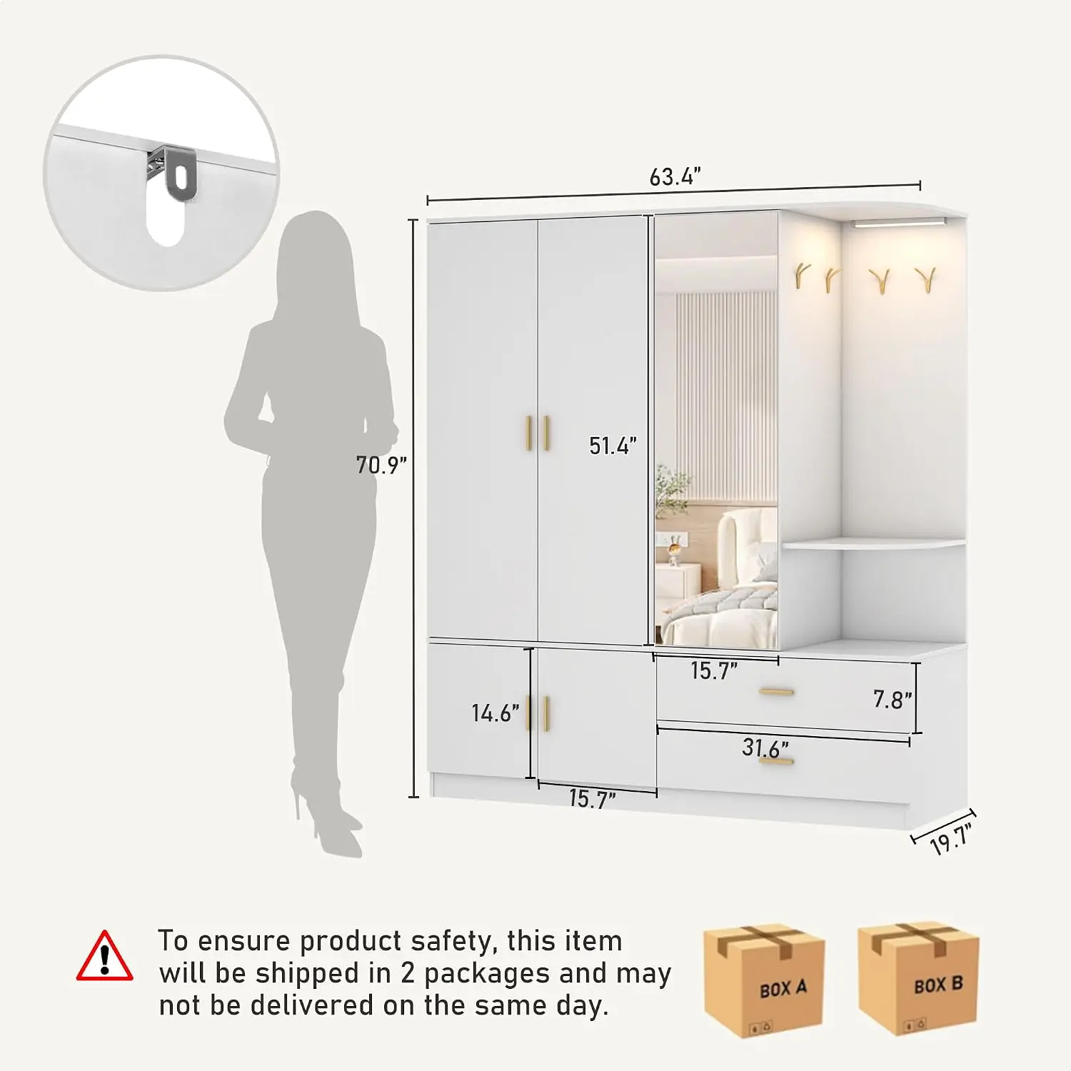 Wooden Wardrobe with Mirror & Light, 5 Doors, 2 Drawers, Shelves, 4 Hooks, 2 Rods, Open Space, Bedroom, White, Customized