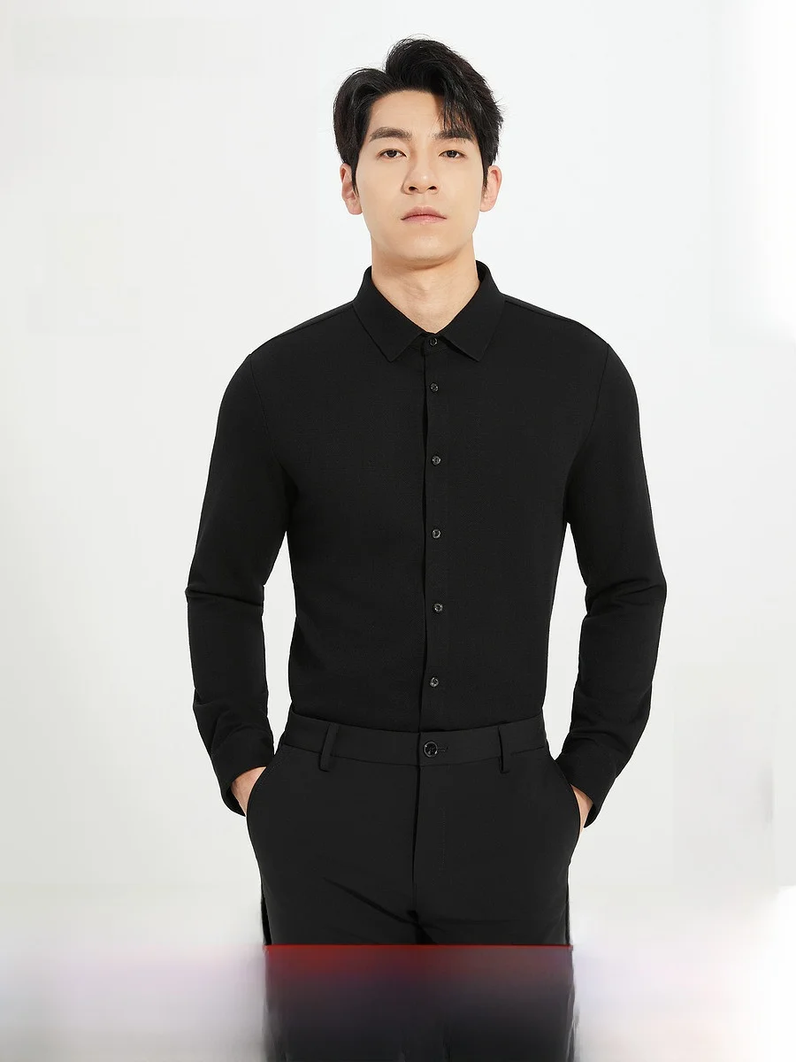 Lilanz Men's Slim Fit Sharp Collar Shirt with Wool Texture Embroidery Autumn Business Fashion Casual Long Sleeve Shirt