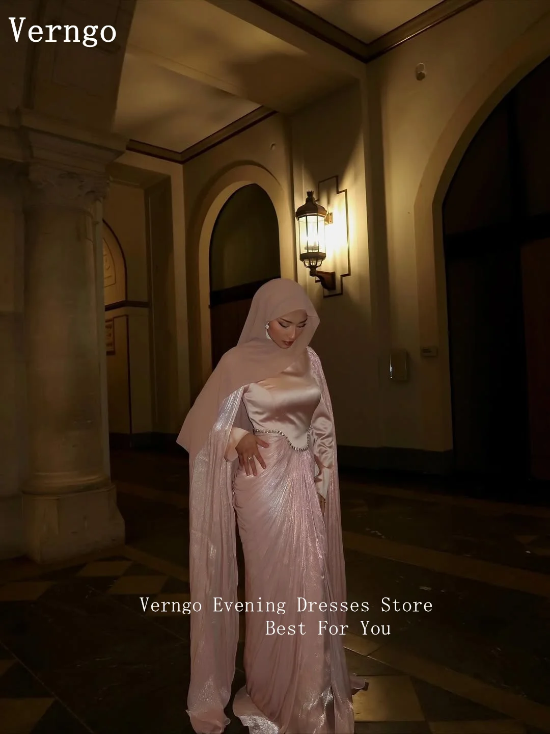 فستان سهرة من الساتان اللامع الوردي من Verngo برقبة عالية وأكمام طويلة مناسبة رسمية فستان حفلات المملكة العربية السعودية حسب الطلب #5