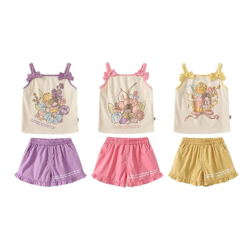 

MINISO Summer Baby Girls Korean Sleeveless Suspenders Shorts Two Piece Set Thin Cotton Comfortable Cute Toddler Outfit 1-3 years
