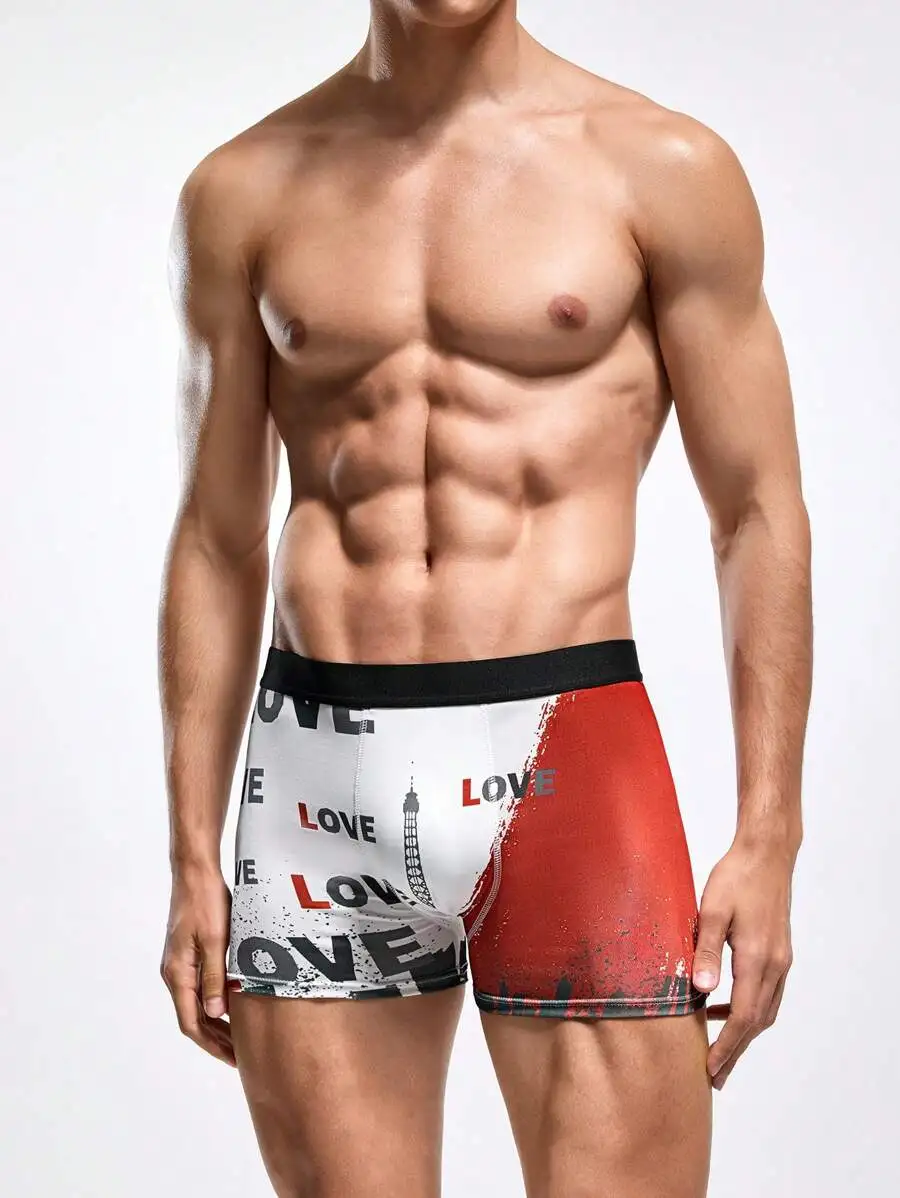 Mens Letter Print Color Block Boxer Briefs 4 Pieces Set