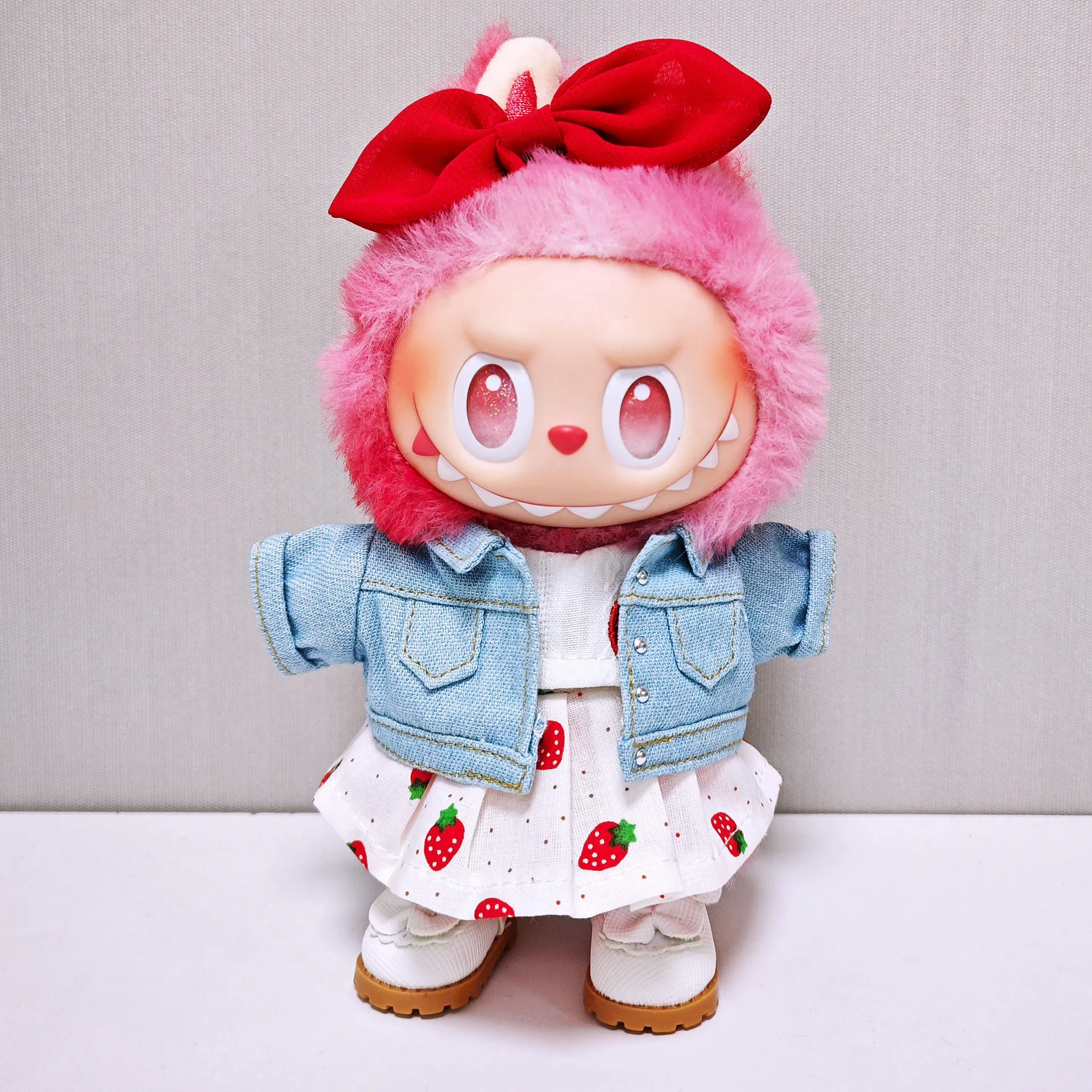 Clothes For Labubu 1st-3rd Gen 15/17cm Dolls Cute Denim & Strawberry Outfit Set - Jean Jacket Strawberry - Printed Dress