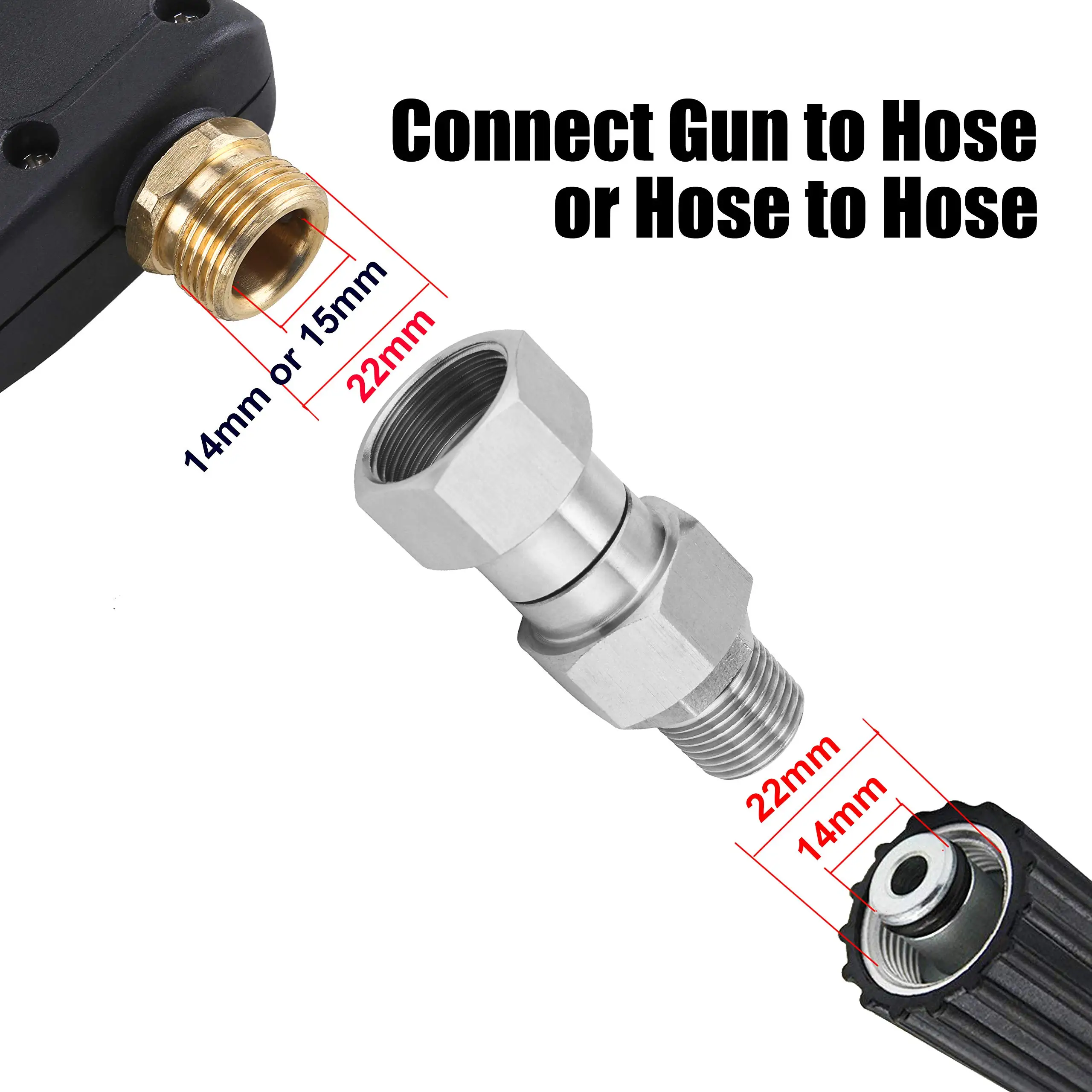 

Pressure Washer Swivel Fitting M22 14mm Thread Stainless Steel 4500 PSI Pressure Washer Adapter for Washer Gun and Hose