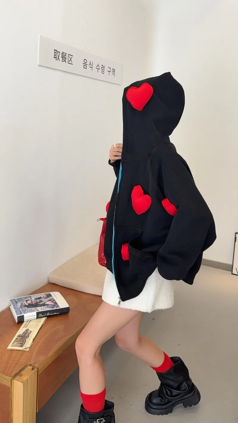 3D Heart Loose Hoodie For Women's Autumn 2025 New Hot-Selling Zipper Cardigan 2025 Autumn Long-sleeves Top Sudaderas De Mujer