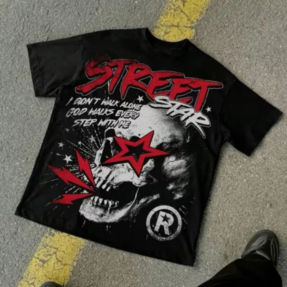 Men's Y2K Streetwear T-Shirt – Logo, Skull, Flame, and Spiderweb Graphics – Black with Red Gothic Print Casual Hip-Hop Crewneck