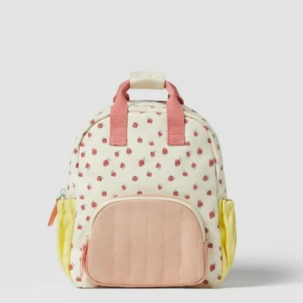 Personalized Embroidered Strawberry Kid Backpack Canvas Dopamine Print Colorful Schoolbag Add Children's Name Cotton