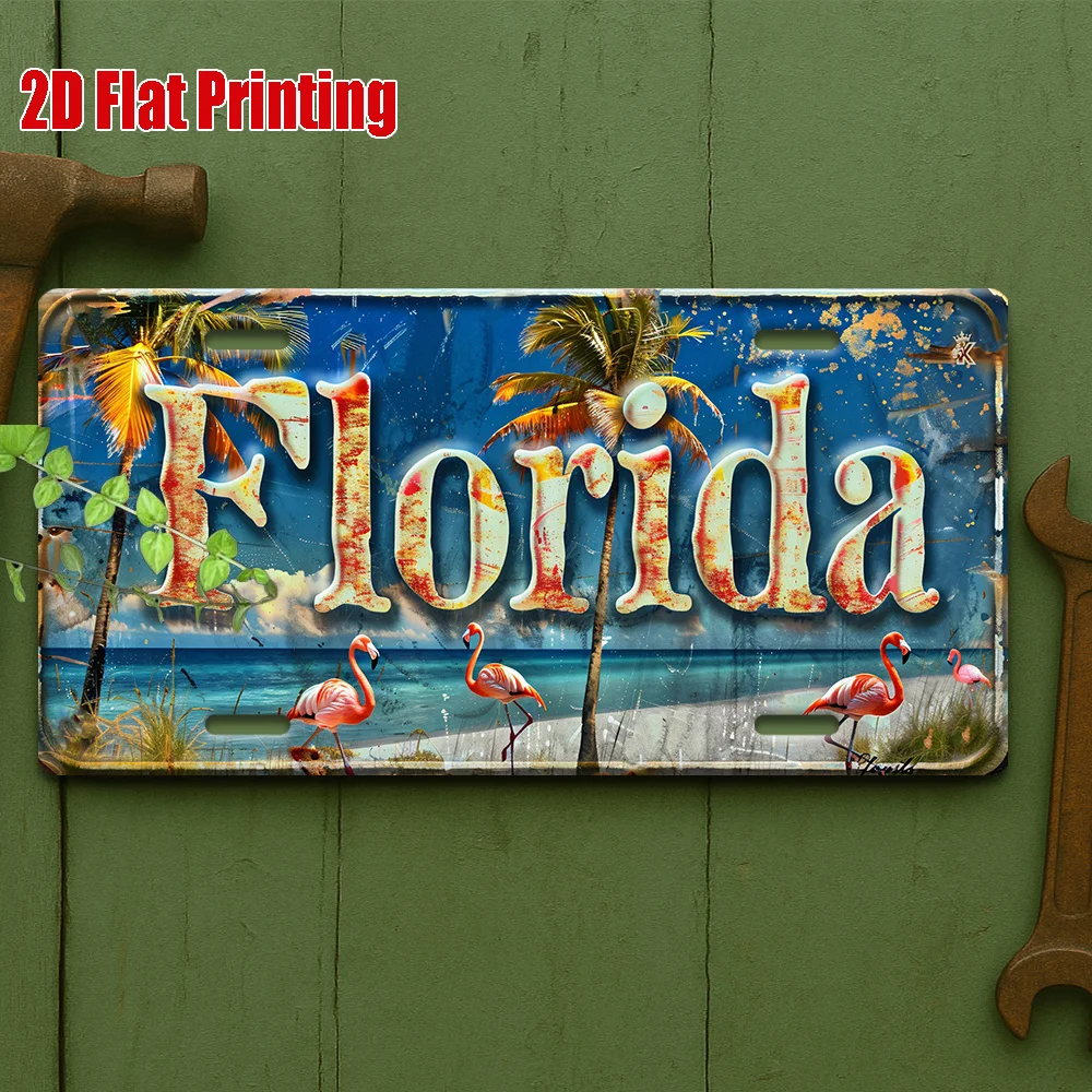 2D Flat Piece, Florida Beach Scene  Metal Sign, Vintage Aluminum Sign, Suitable for Poolside, Patio, Beach Bar