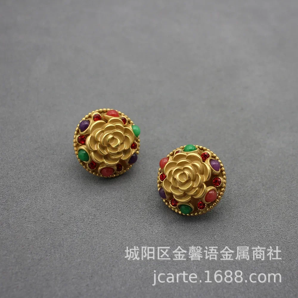 

Medieval Vintage Relief Camellia Colorful Natural Stone Heavy Art Earrings