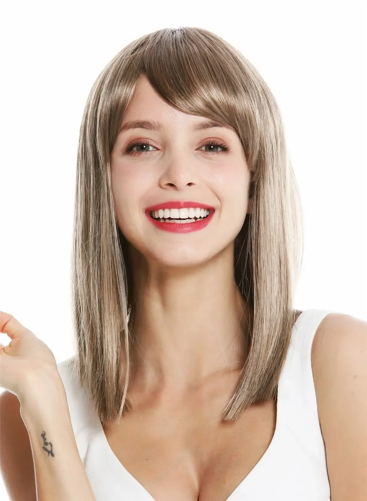 

Ladies Shoulder Length Smooth Fringe Blonde Highlights Wig