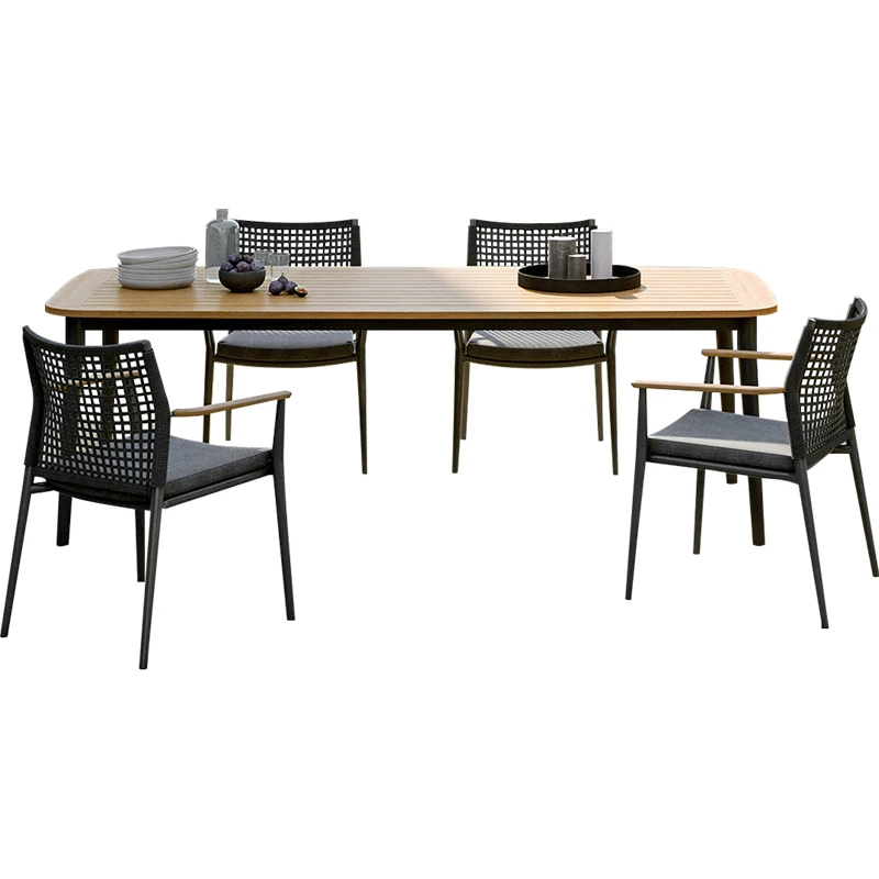 #Garden Patio Outdoor Teak Tables And Chairs Patio Villa Waterproof Long Table Hotel Restaurant Aluminum Alloy Table