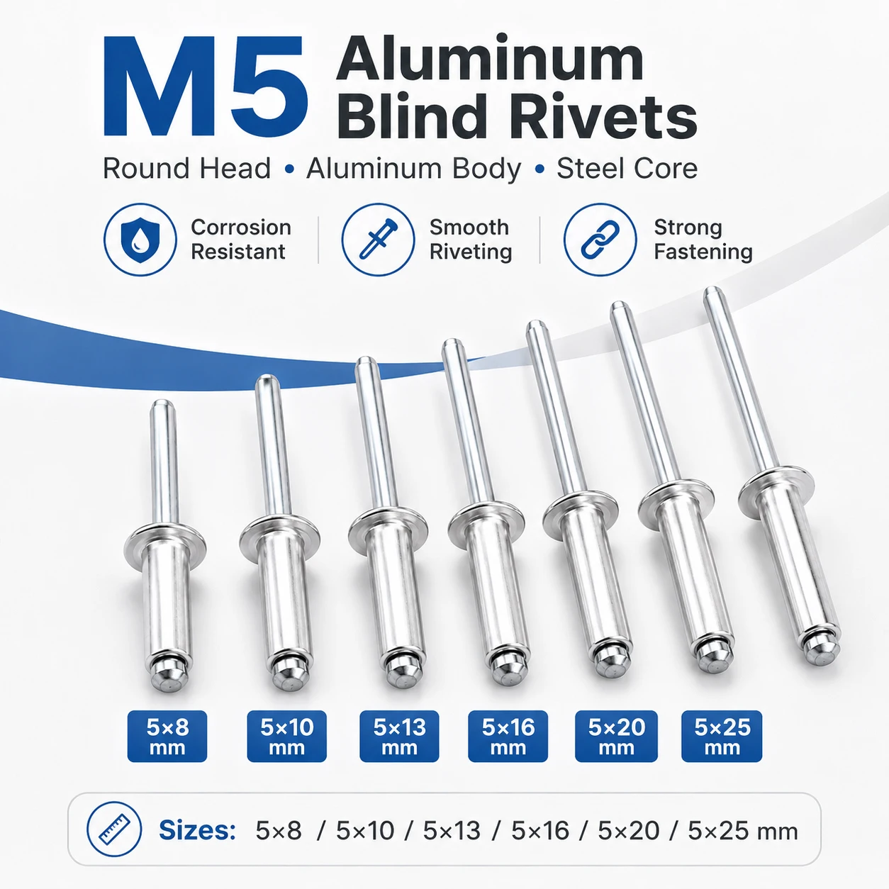 25-100Pcs M5 Aluminum Pops Rivets, Round Head Blind Rivets Open End Fasteners with Steel Mandrel Rivet Nails