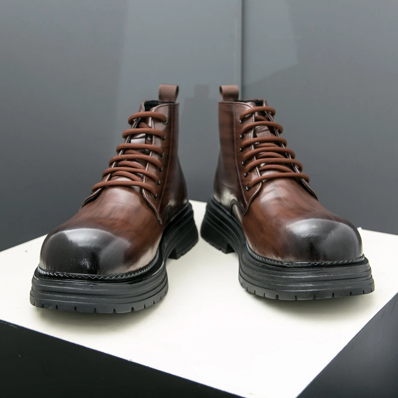 

Men Boots Black Brown Thick Soled Durable Leather Shoes European Style Lace Up Business Retro Fashion Chelsea Boots Size 38-45