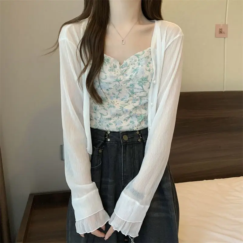 Jackets Women Cute Fashion Solid Korean Styles Thin Summer Long Sleeve Crops Basic Outwear Sheer Sun-proof Leisure Holiday Sweet