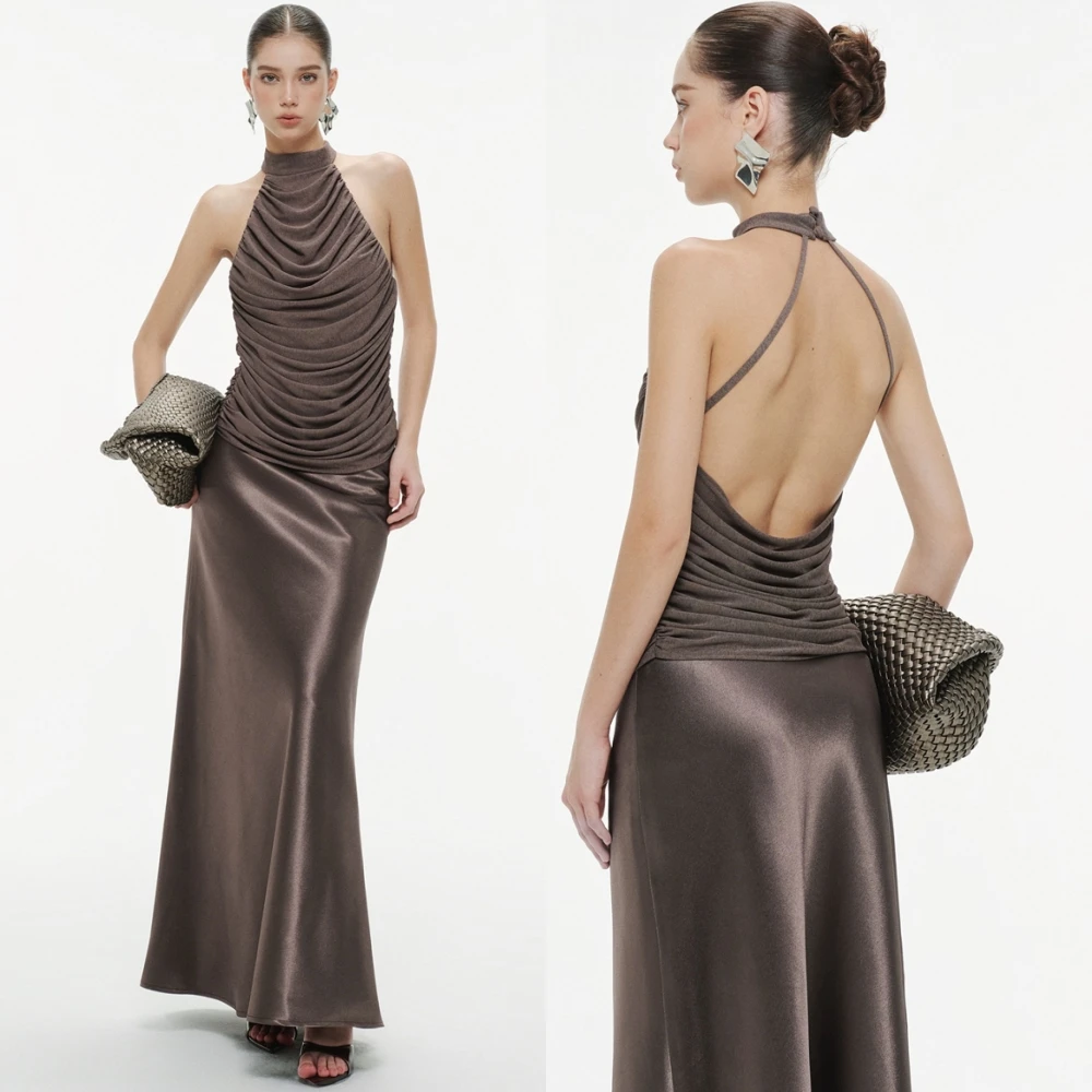 

Роскошное атласное вечернее платье с открытой спиной по индивидуальному заказу, изысканные платья для выпускного вечера с лямкой на шее и русалкой, современные платья без рукавов для особых случаев