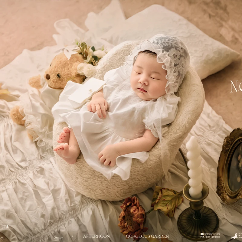 0‑1 Month Newborn Girl Photography Costume White Lace Frilly Dress Bonnet Set Soft Fabric Baby Photo Outfit Photo StudioSupplies