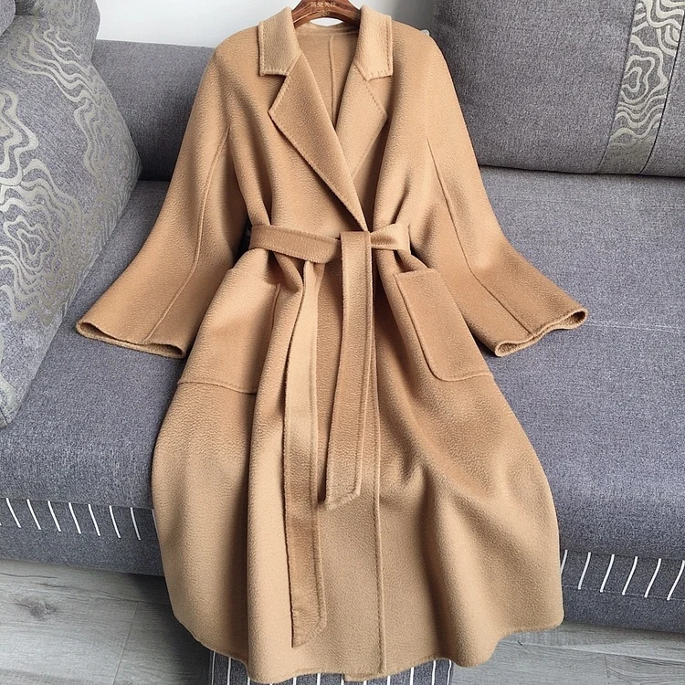 Casual Big Size Thick Water Ripple Handmade Double-sided Wool Women Coat Lapel Long Seelve Loose Belt Jacket New Autumn Winter