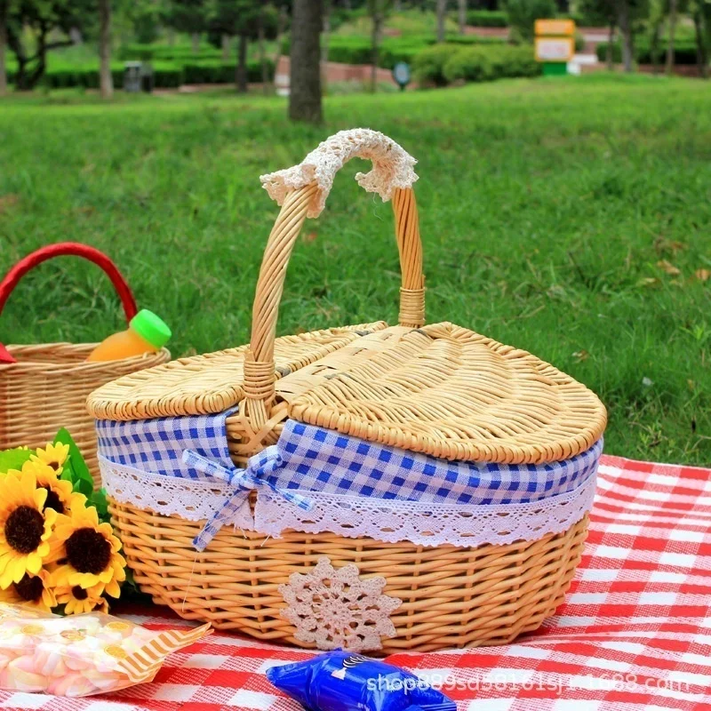 

Simple Cute Wicker Carry-on Handle Storage Baskets Picnic Basket with Lid Fruit Food Basket Home Organize Accessory Small Size storage basket woven basket