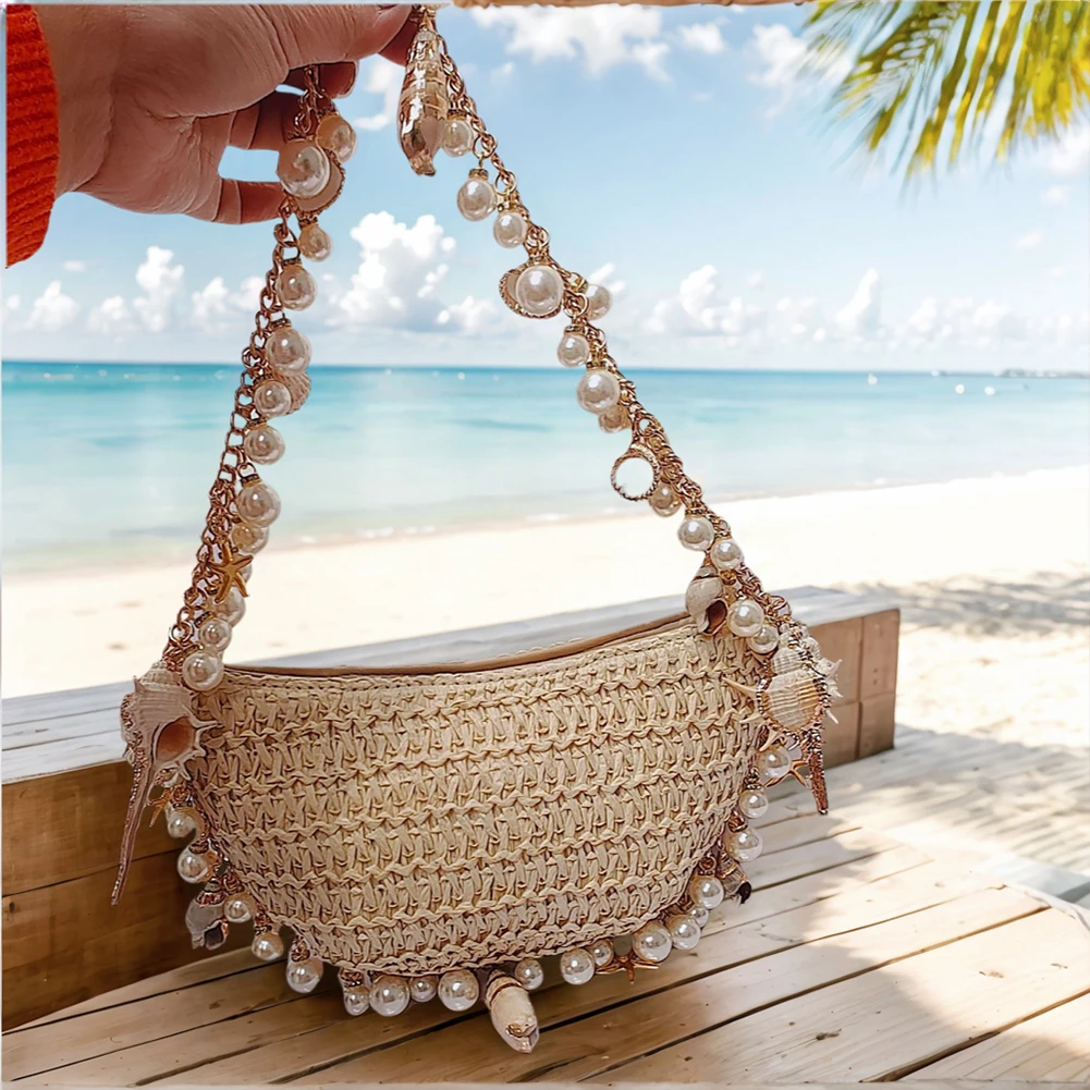 

Women Pearl Conch Handbag with Pearl Chain Elegant Straw Shoulder Bag Breathable Holiday Beach Bag Seaside Soft Clutch