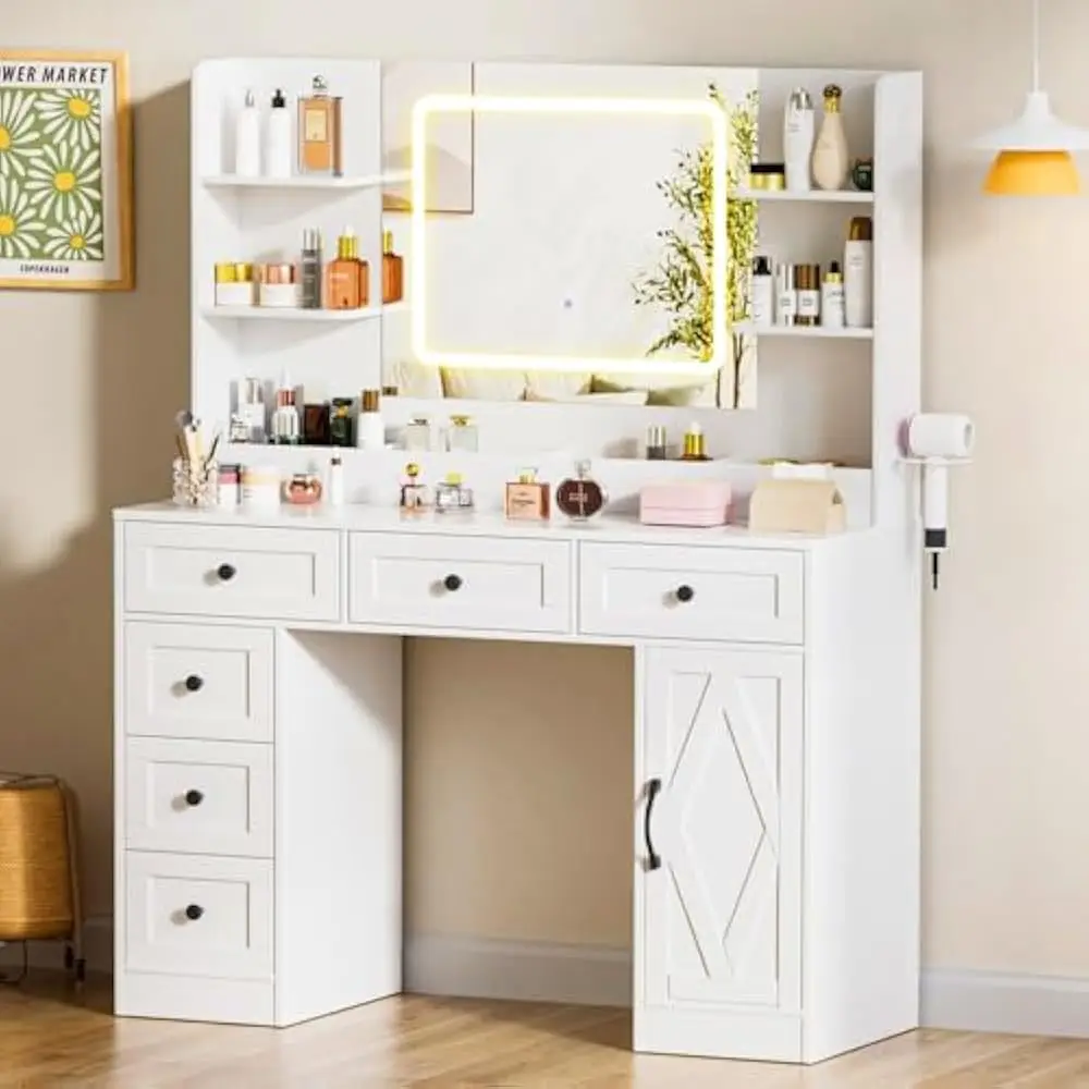 

Makeup Vanity with Mirror and Lights, Large Vanity Table with 6Drawers & Storage Cabinet, White Bedroom Dresser Table for Girls