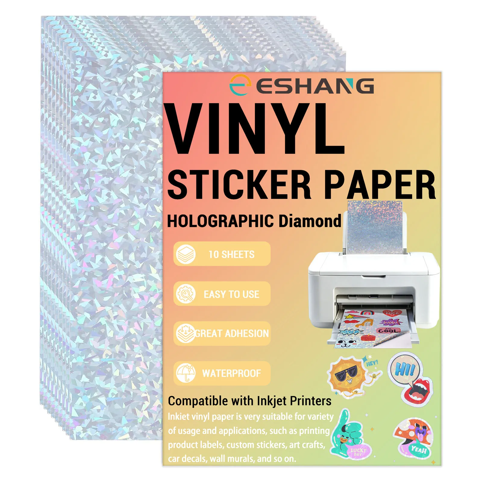 10 Sheets Holographic Vinyl Sticker Paper A4 (8.3x11.7 Inch) Printable Self Adhesive Waterproof Sticker Paper Diamond for Inkjet