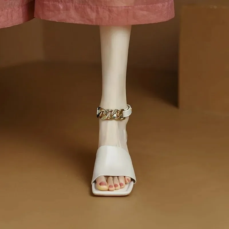 Women's Square Toe Block Heel Sandals, Ankle Strap with Gold Chain, Nude Open Toe Mid Heel Dress Shoes for Ladies view 2