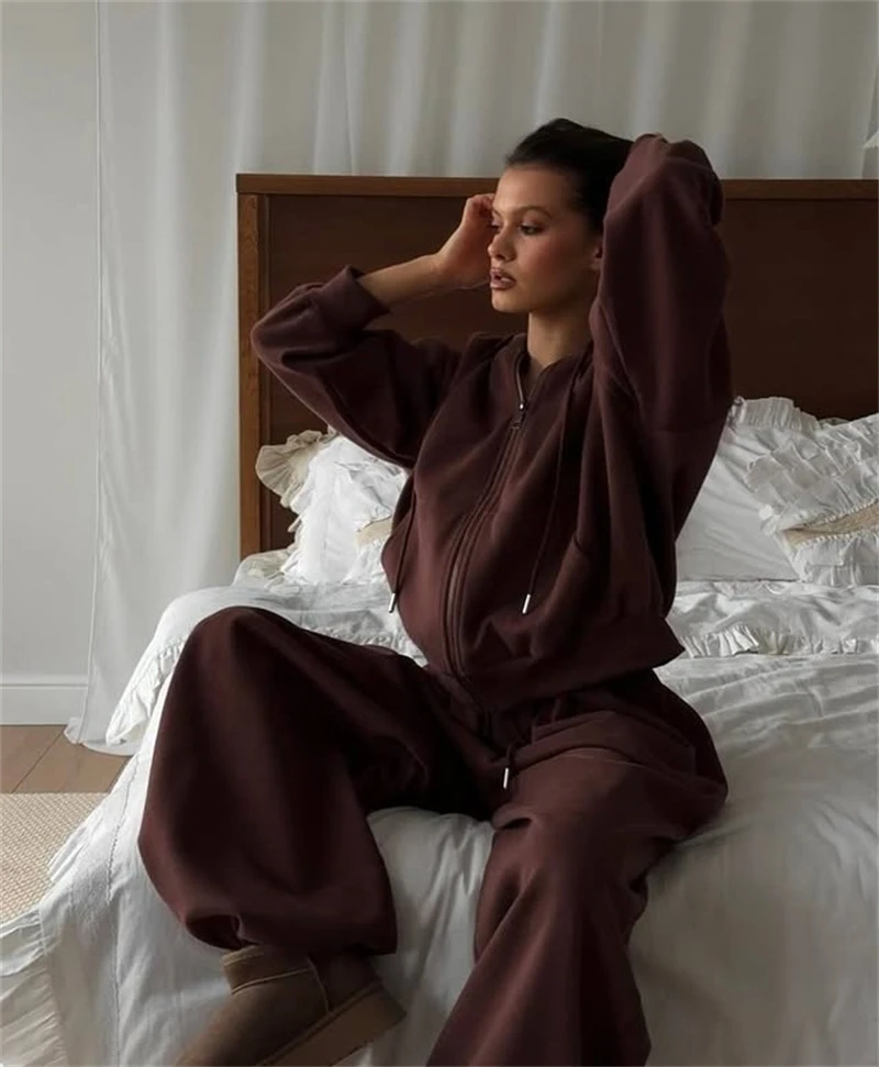 Faionable Casual Felpa con cappuccio e pantaloni Set Pantaloni lunghi con chiusura a cerniera Sve inclusi Comodo set in due pezzi