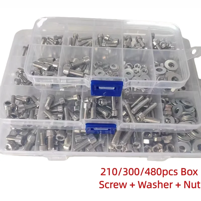 M3 M4 M5 M6 201 Stainless Steel Hex Hexagon Socket Allen Cap Head Screw Bolt Nut Washers Assortment Kit