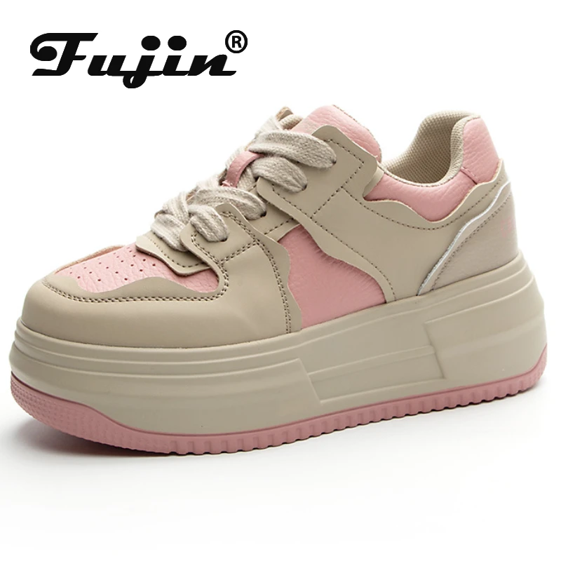 

Fujin 6 см из натуральной кожи, женские модные весенние весенние туфли на скрытом каблуке, повседневные осенние кроссовки на массивном каблуке, туфли на танкетке на платформе