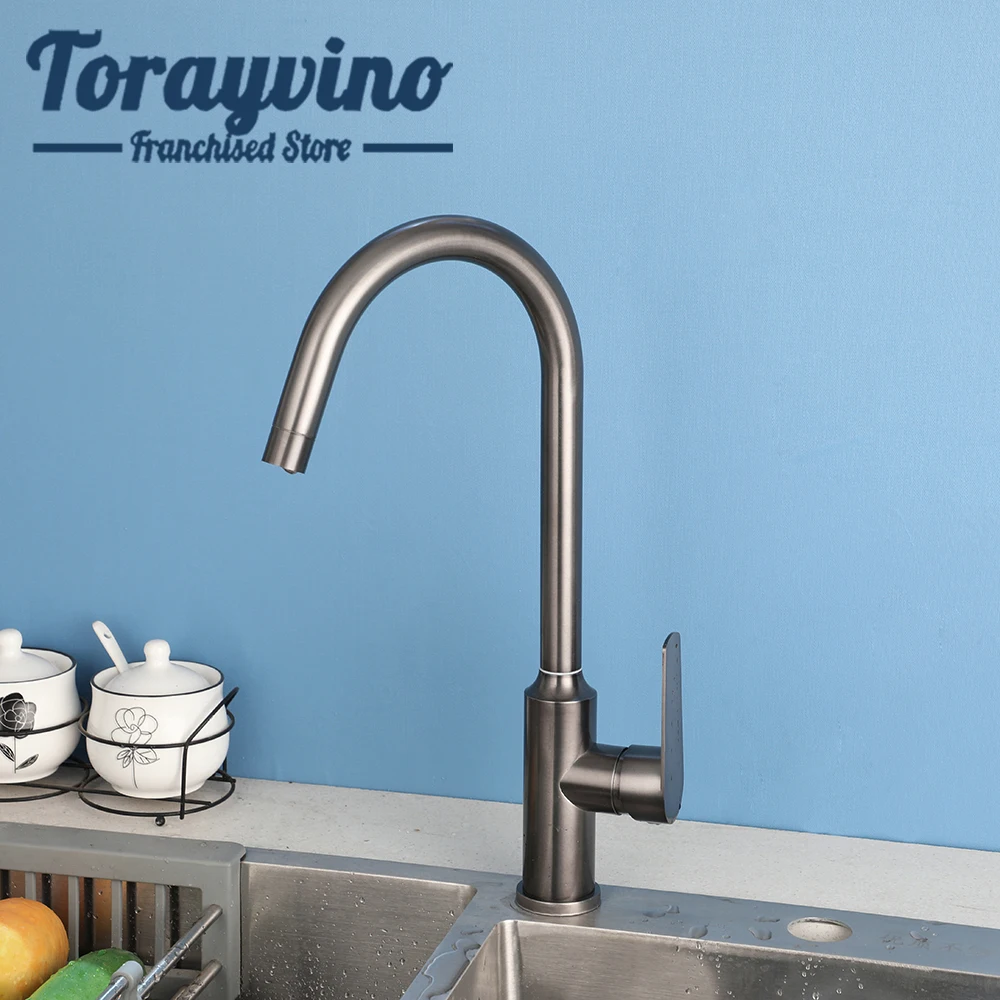 Torayvino Kitchen Sink Rotatable Faucet Gun Gray With Single Handle Control Deck Mounted Hot Cold Stream Water Outlet Mixer Taps