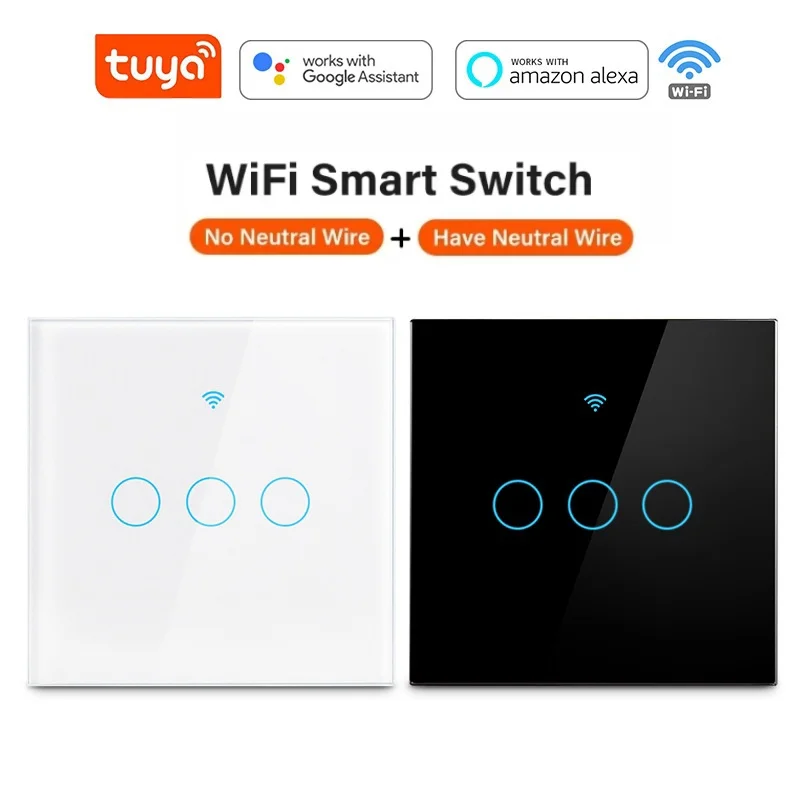 Tuya WiFi Touch Smart Switch Light Without No Neutral Wire Glass Wall EU 110V-220V On Off 1/2/3/4 Gang For Alexa Google