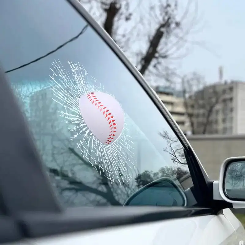 

3D Creative Interesting Baseball Tennis Ball Breaking Car Window Stickers Realistic Broken Glass Window Sticker Prank Joke Decal