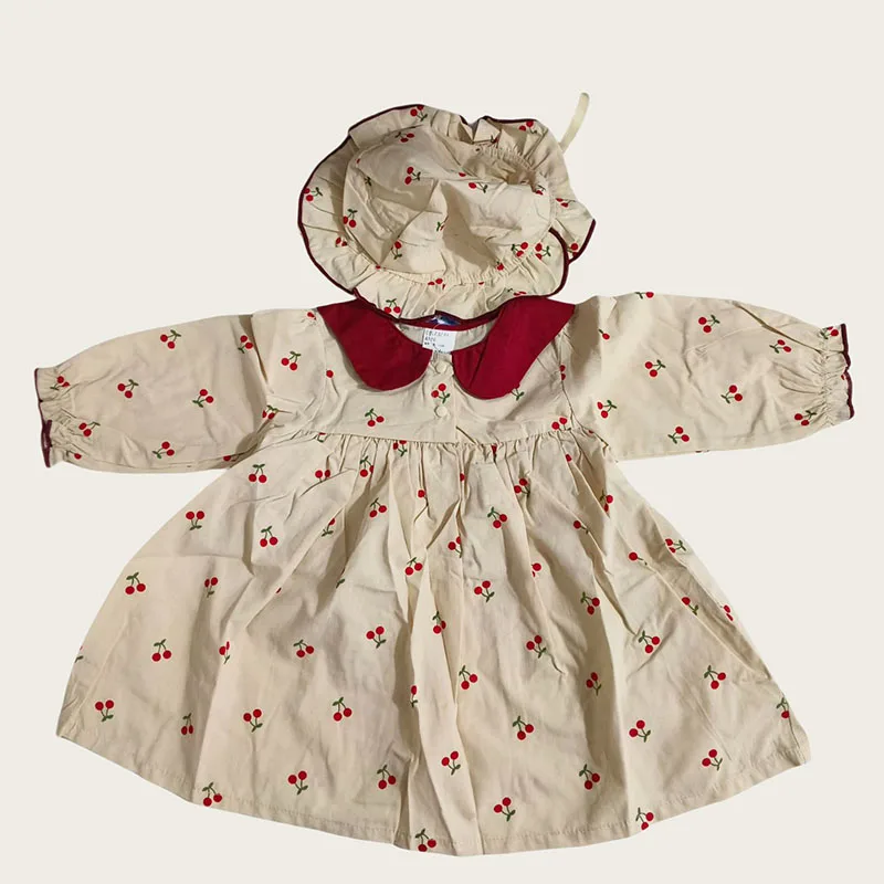 0-2Y Baby Girls Clothes 2024 Autumn Full Of Cherry Print Baby Dress Cute Peter Pan Collar Long Sleeve Dresses with Hat