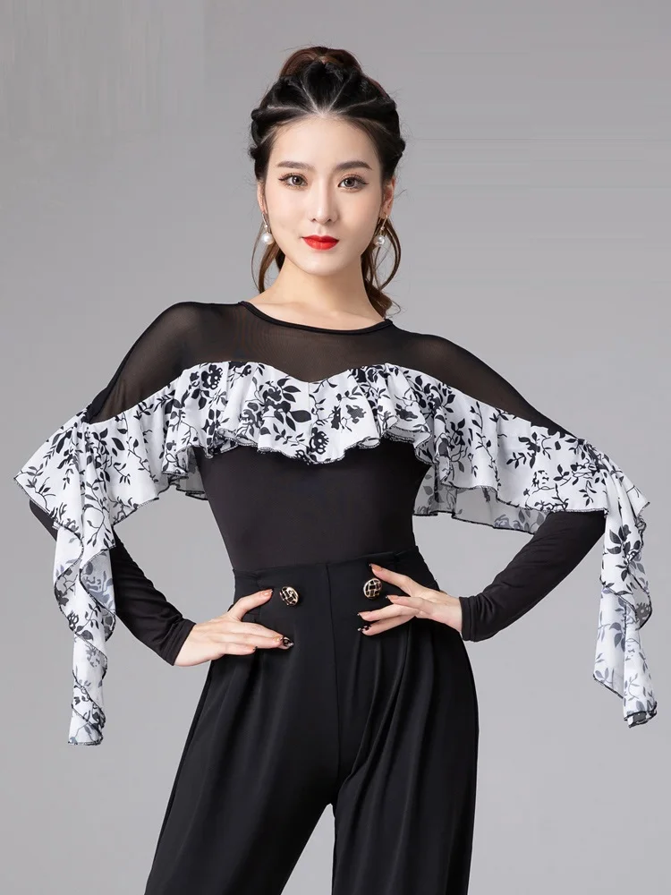 

X139 Latin Dance Top Women Modern Dance Blouse Social Dance Waltz National Standard Velvet Shirt Long Sleeve Ruffle One-piece